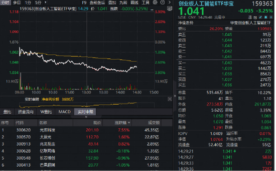 创业板人工智能ETF华宝（159363）跌逾3%，资金反复逢低建仓！绩优光模块仍占优，光库科技逆市新高！