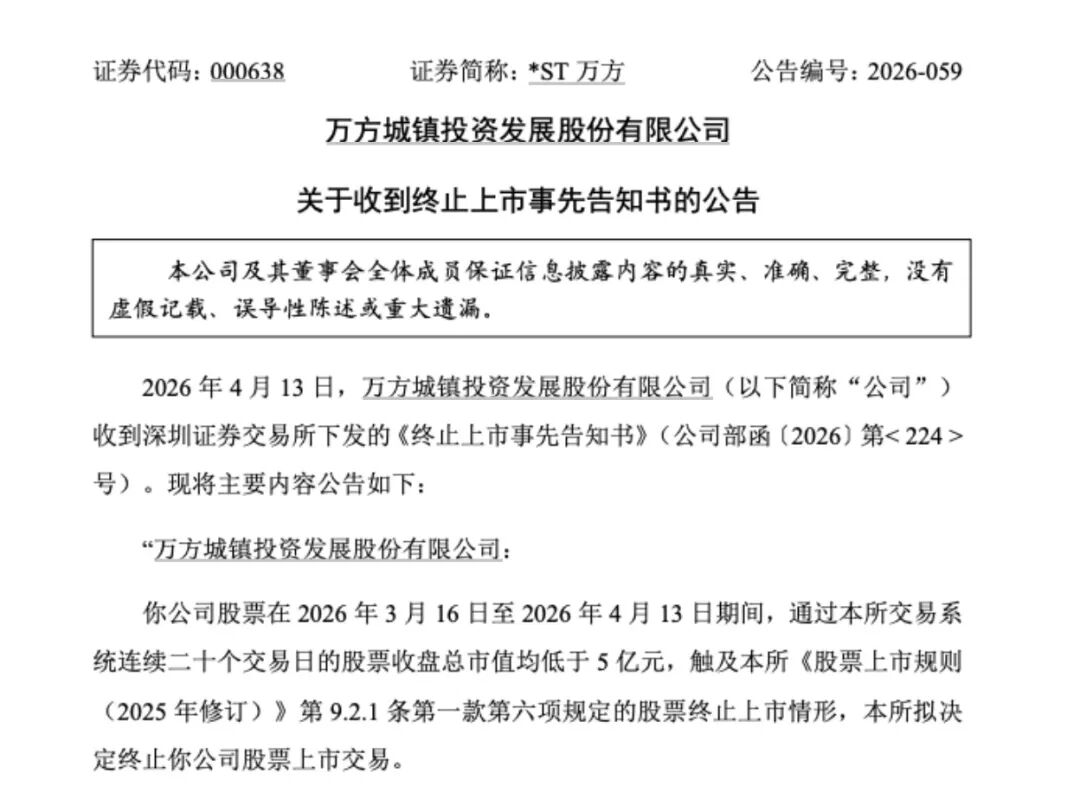 *ST万方面临“市值退”，明起停牌